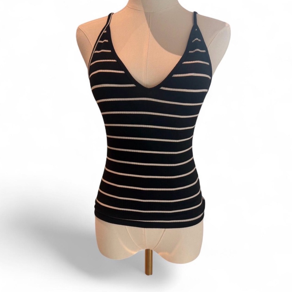 Reformation Black and White Striped Ribbed V-Neck Tank